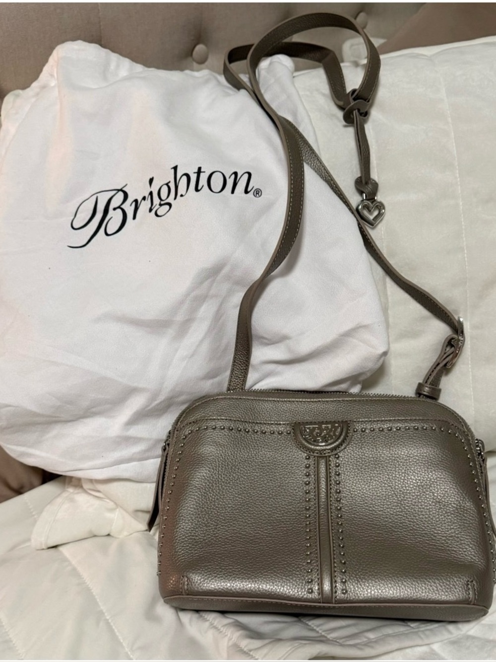 Brighton Metallic Pewter Studded Leather Crossbody Organizer